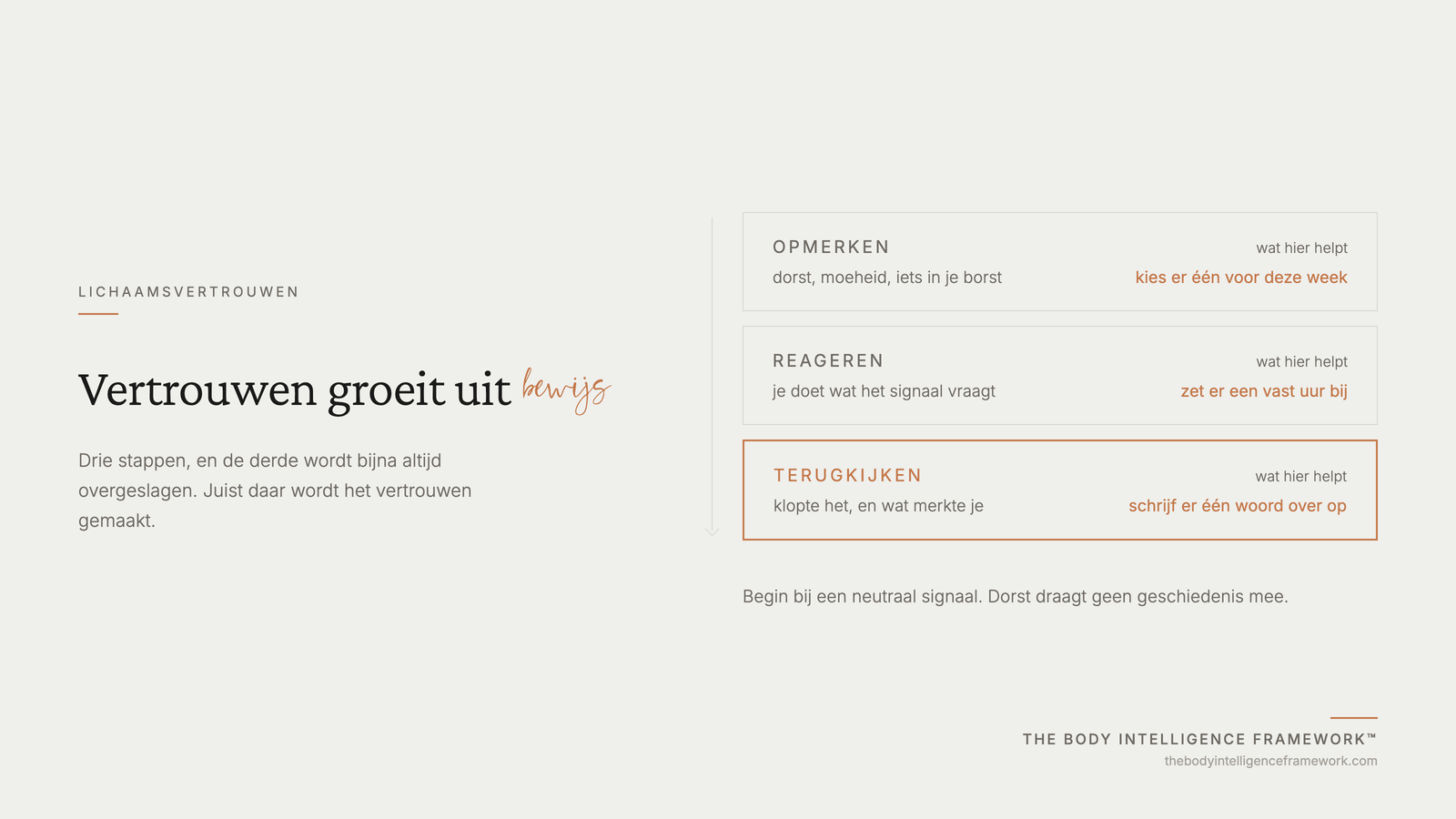 De drie stappen waarmee vertrouwen in je lichaam groeit: opmerken, reageren en terugkijken, uit het Body Intelligence Framework van Agaath Zondervan