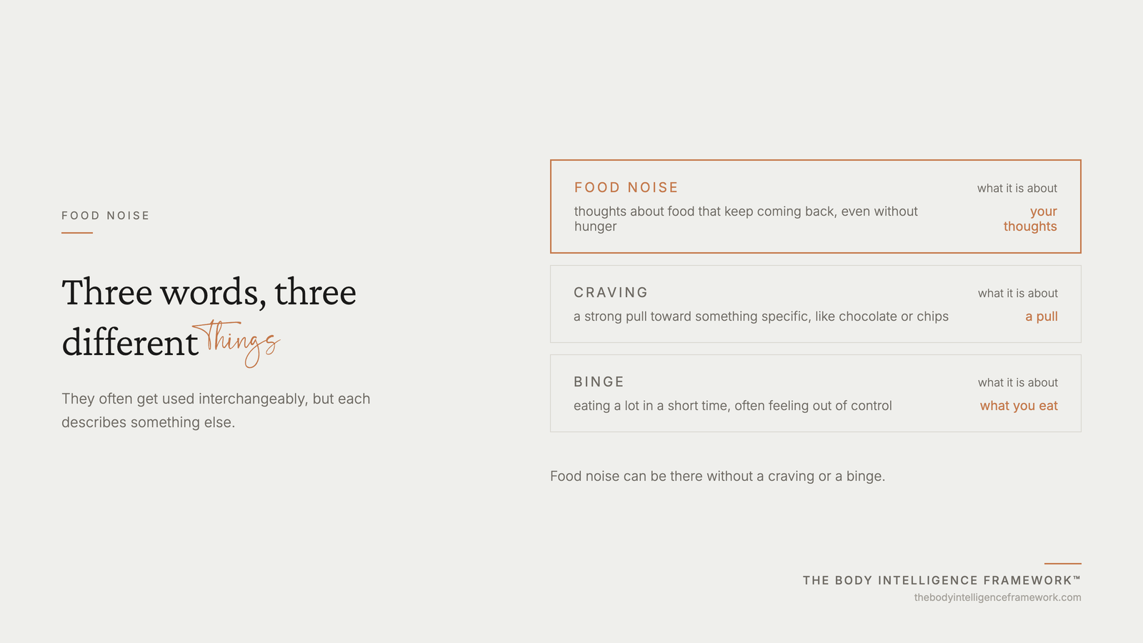 Food noise, craving and binge are three different things: thoughts, a pull and what you eat, from the Body Intelligence Framework by Agaath Zondervan