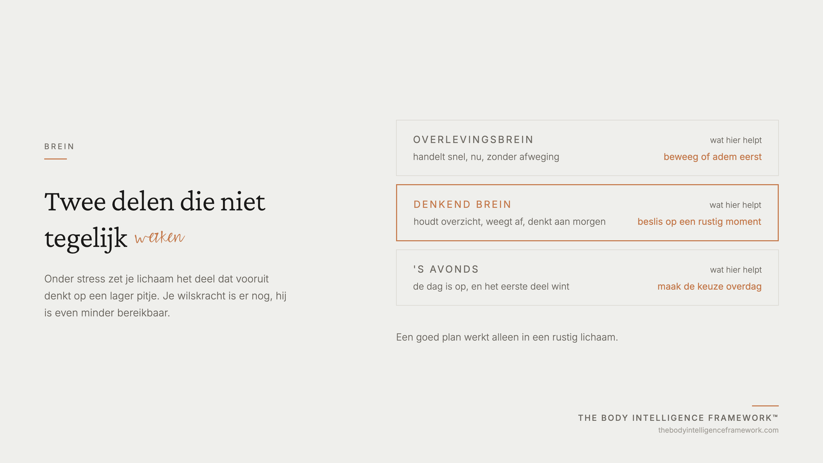 Waarom je overlevingsbrein en je denkende brein niet tegelijk het hardst werken, uit het Body Intelligence Framework van Agaath Zondervan