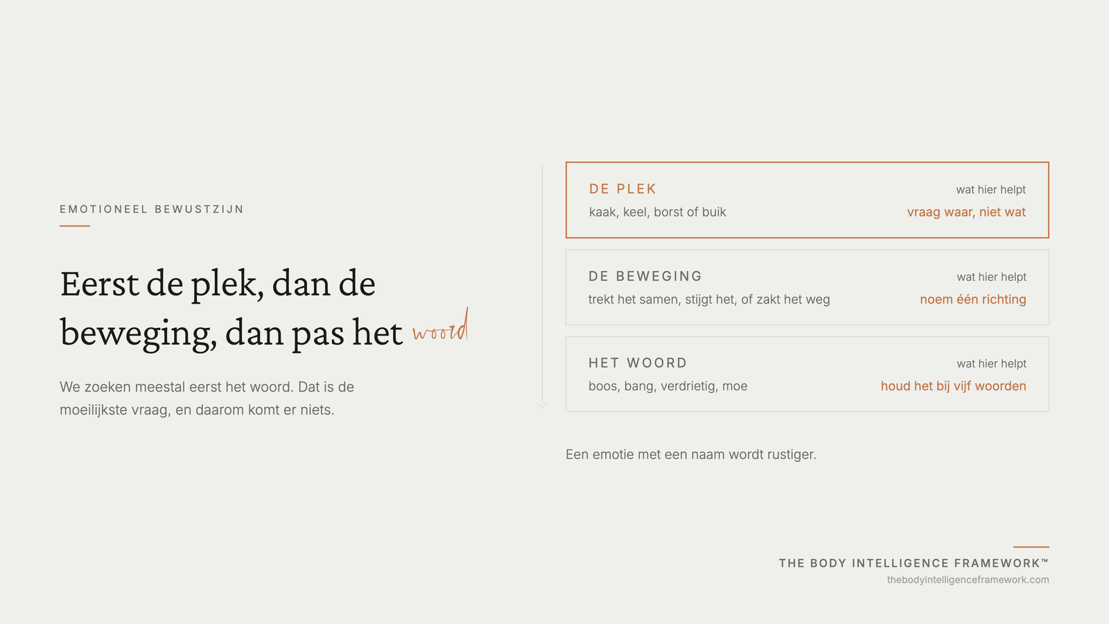 Waarom je een emotie eerst aan de plek en de beweging herkent en pas daarna aan het woord, uit het Body Intelligence Framework van Agaath Zondervan