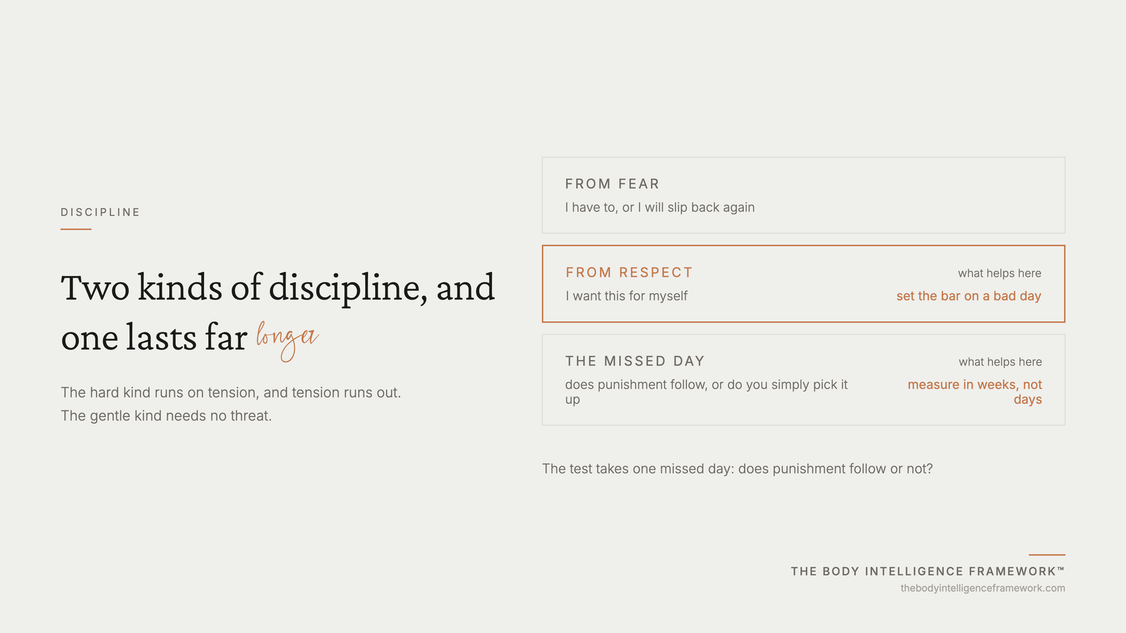 Discipline from fear against discipline from respect, and how to see which you have, from the Body Intelligence Framework by Agaath Zondervan