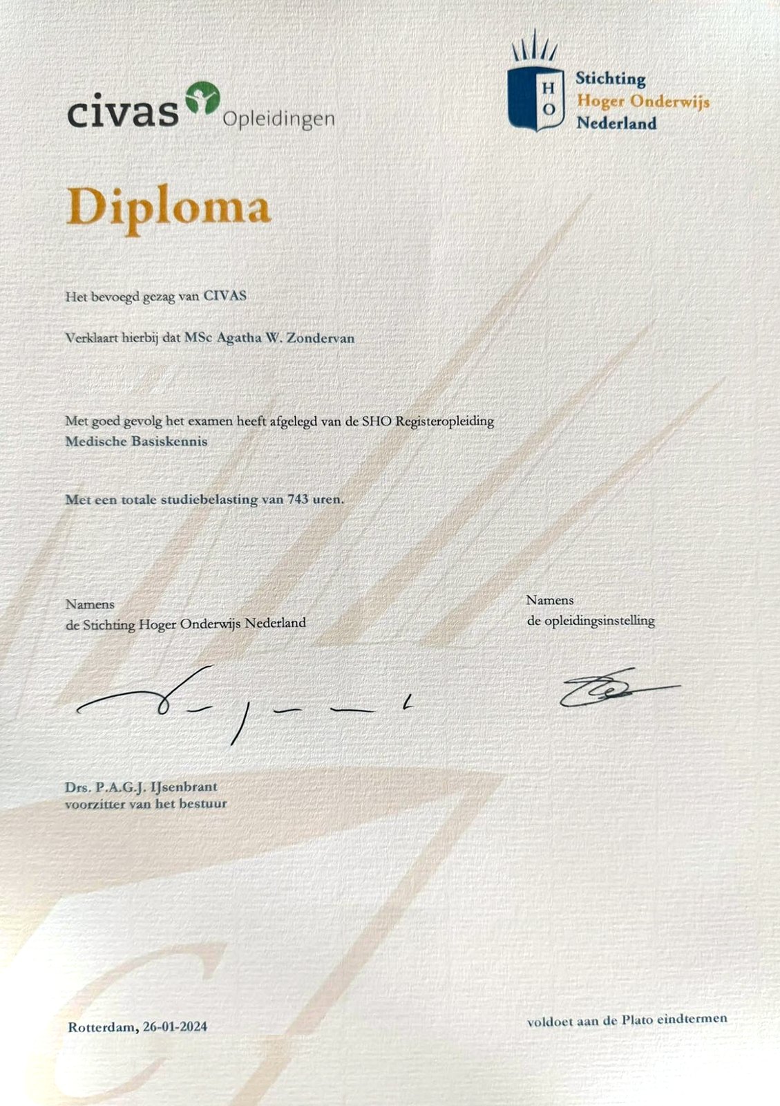 Medical foundations diploma (Medische Basiskennis) from Civas Opleidingen and Stichting Hoger Onderwijs Nederland, awarded to Agaath Zondervan in 2024
