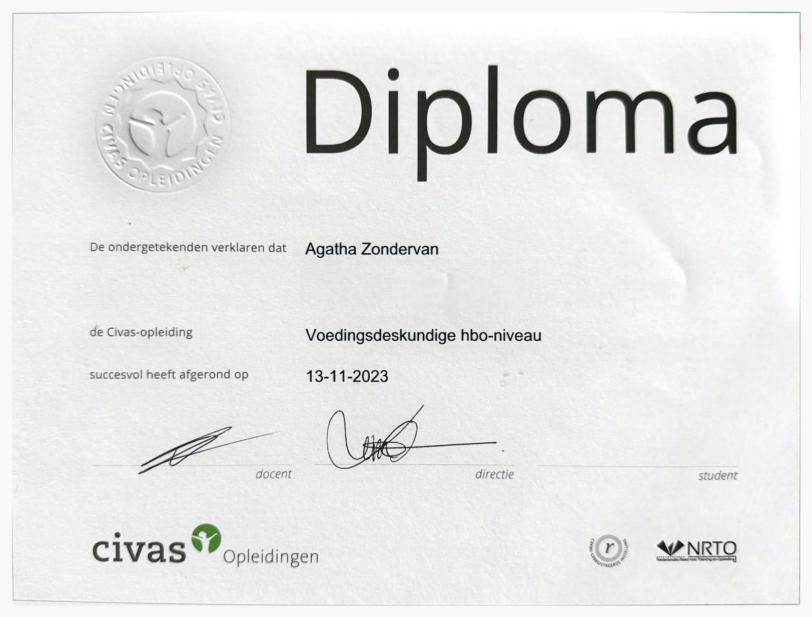 Nutritionist diploma (Voedingsdeskundige hbo-niveau) from Civas Opleidingen, awarded to Agaath Zondervan in 2023